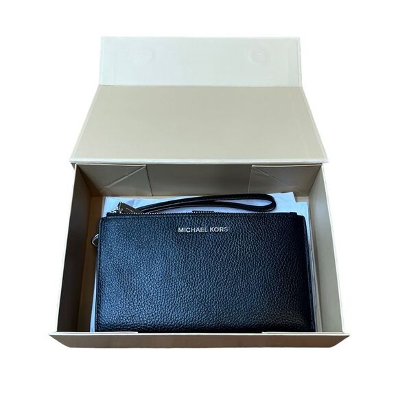 Michael Kors Adele Double-Zip Leather Phone Clutch Wristlet Black $128 NWT - Picture 1 of 5